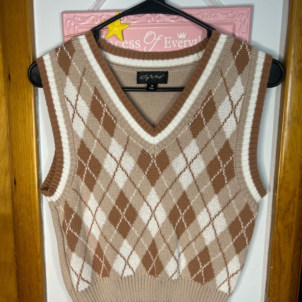 Brown and White Argyle V-Neck Sweater Vest